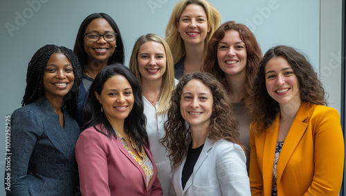 Group of five diverse women smiling confidently, representing female empowerment, friendship, diversity, and inclusion in a professional environment for business or corporate use photo