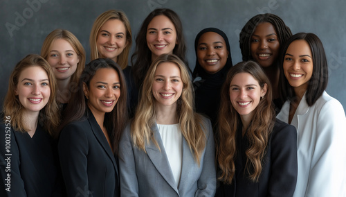 Group of five diverse women smiling confidently, representing female empowerment, friendship, diversity, and inclusion in a professional environment for business or corporate use photo