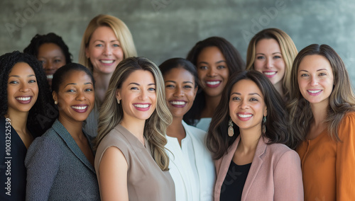 Group of five diverse women smiling confidently, representing female empowerment, friendship, diversity, and inclusion in a professional environment for business or corporate use photo