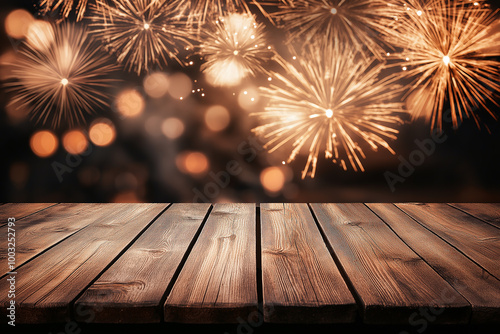 Wooden table with a dazzling fireworks display in the background, creating a festive atmosphere for celebrations like New Year's Eve, parties, or summer events and holidays photo