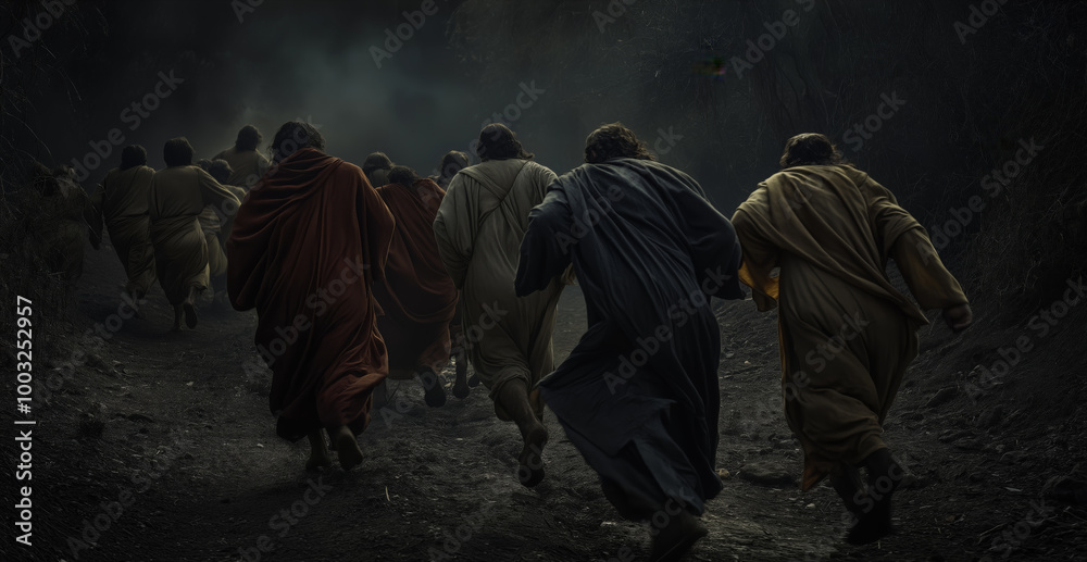 Biblical, photo realistic the disciples running away, abandoning Jesus in His most critical hour Biblical, photo realistic the disciples running away, abandoning Jesus in His most critical hour