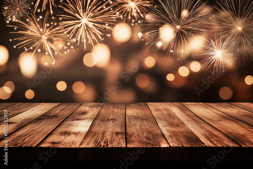 Wooden table with a dazzling fireworks display in the background, creating a festive atmosphere for celebrations like New Year's Eve, parties, or summer events and holidays photo