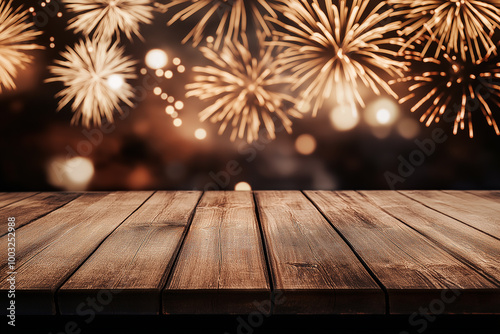 Wooden table with a dazzling fireworks display in the background, creating a festive atmosphere for celebrations like New Year's Eve, parties, or summer events and holidays photo