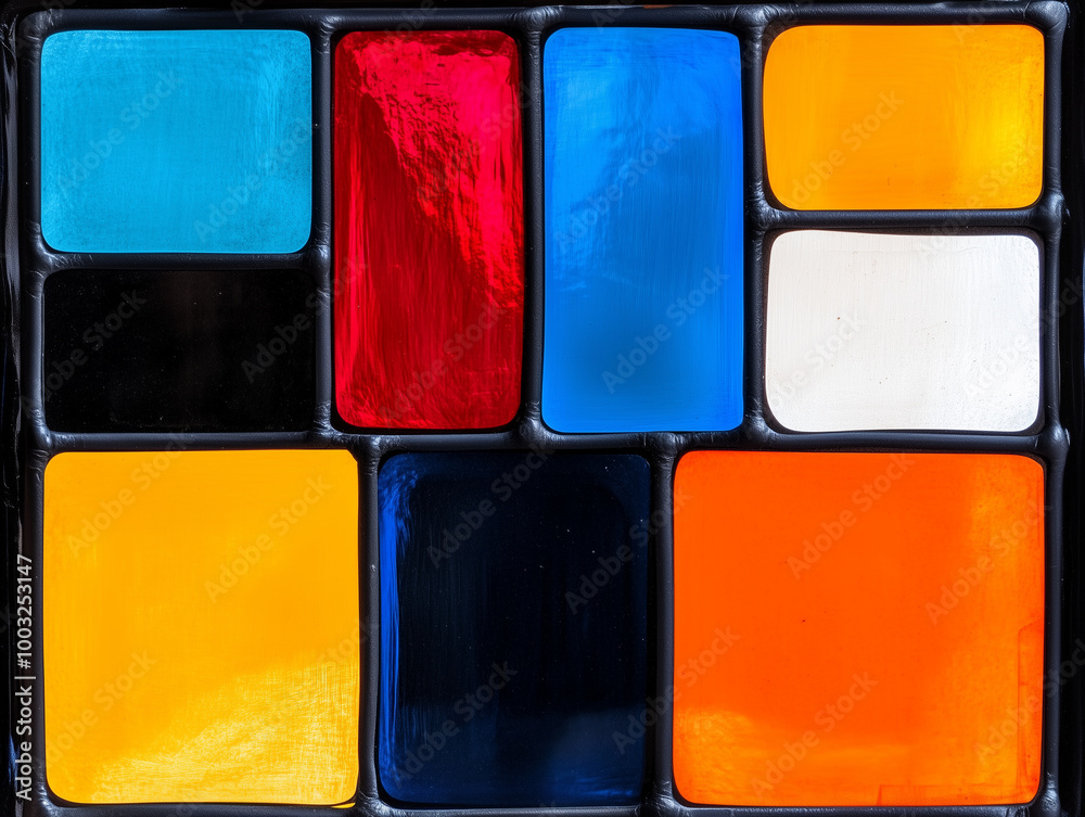 modern stained glass window featuring colorful abstract square and rectangular shapes