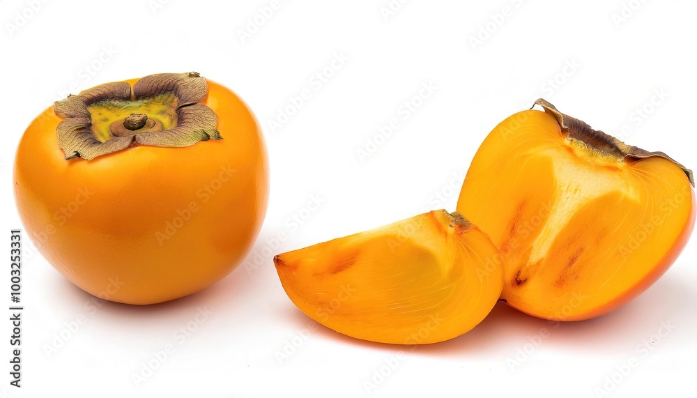 Orange Kaki persimmon is the edible fruit of a number of species of trees in the genus Diospyros. Isolated on white background with copy space Orange Kaki persimmon is the edible fruit of a number of species of trees in the genus Diospyros. Isolated on white background with copy space