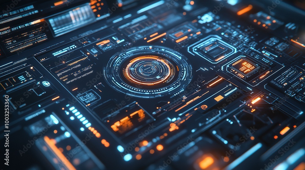 A 3D animated graphic of a digital interface with complex data visualizations, futuristic HUD elements, and smooth transitions A 3D animated graphic of a digital interface with complex data visualizations, futuristic HUD elements, and smooth transitions