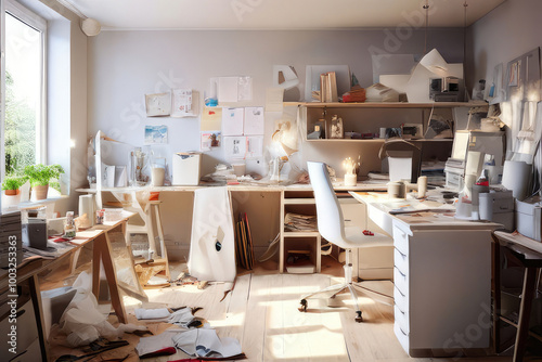 Messy workroom interior illuminated by sunlight.