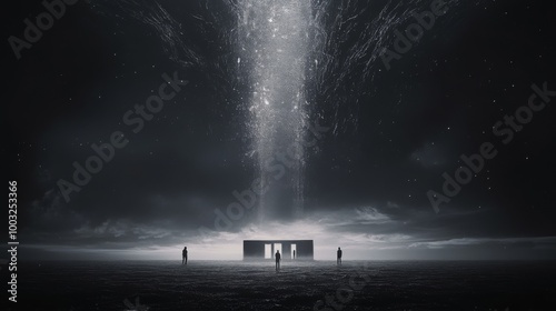 In a vast landscape under a starry sky, figures stand near a glowing structure, emphasizing mystery, exploration, and the uncanny melding of art and universe.