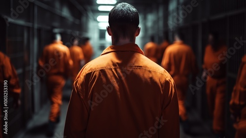 dangerous prisoners, orange uniform, asylum, cinematic, dramatic lighting