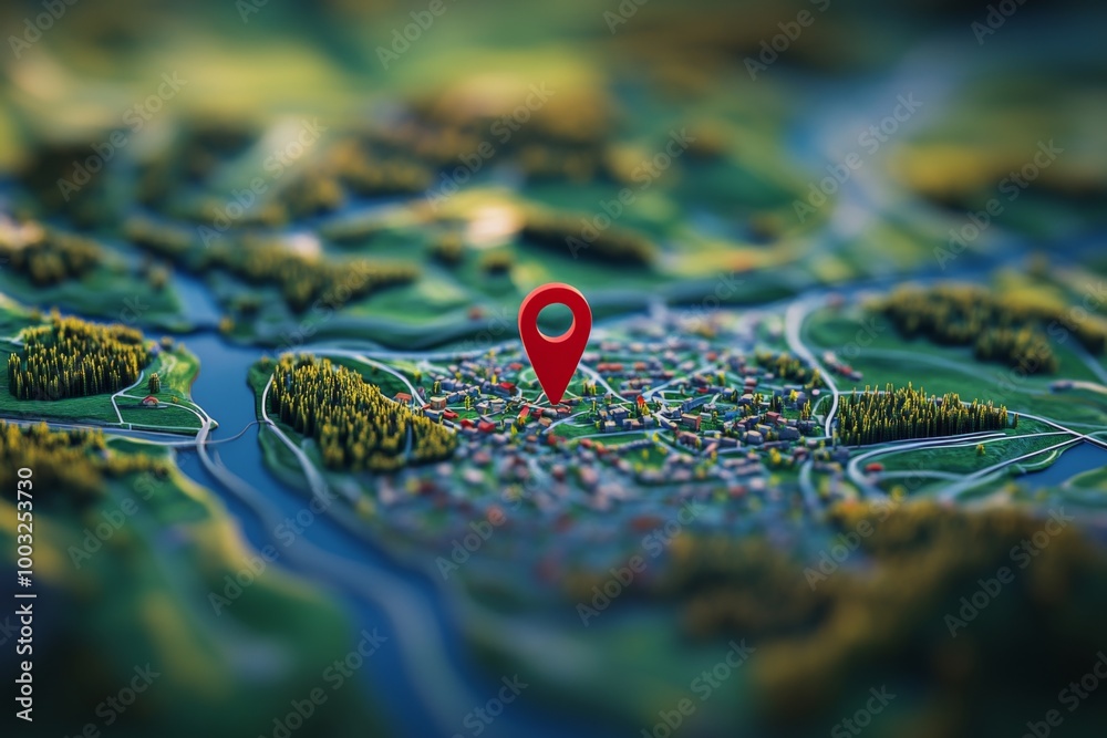 Obraz premium This image showcases a vibrant 3D map with a prominent red location pin, surrounded by detailed representations of rivers, trees, and a small town, ideal for stock use.