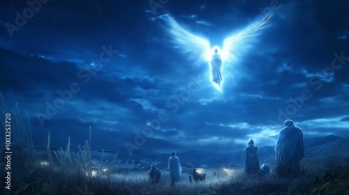 photo of a radiant angel appearing in the night sky above the shepherds in a field, conveying the news of Jesus birth