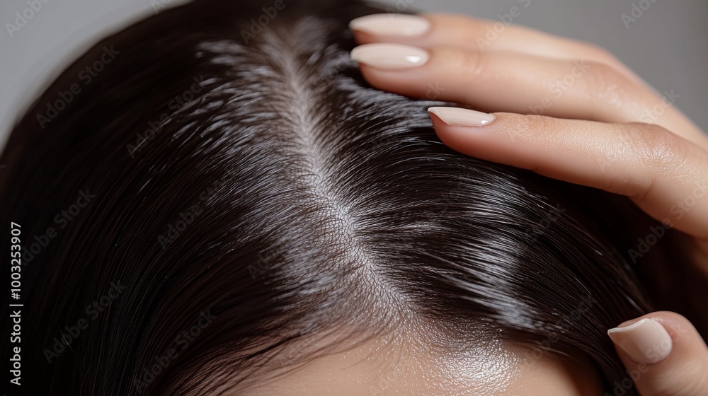 Fototapeta premium A detailed close-up shot of smooth, shiny black hair with a center parting. The hand touches the scalp, highlighting hair texture and healthy appearance, emphasizing care.