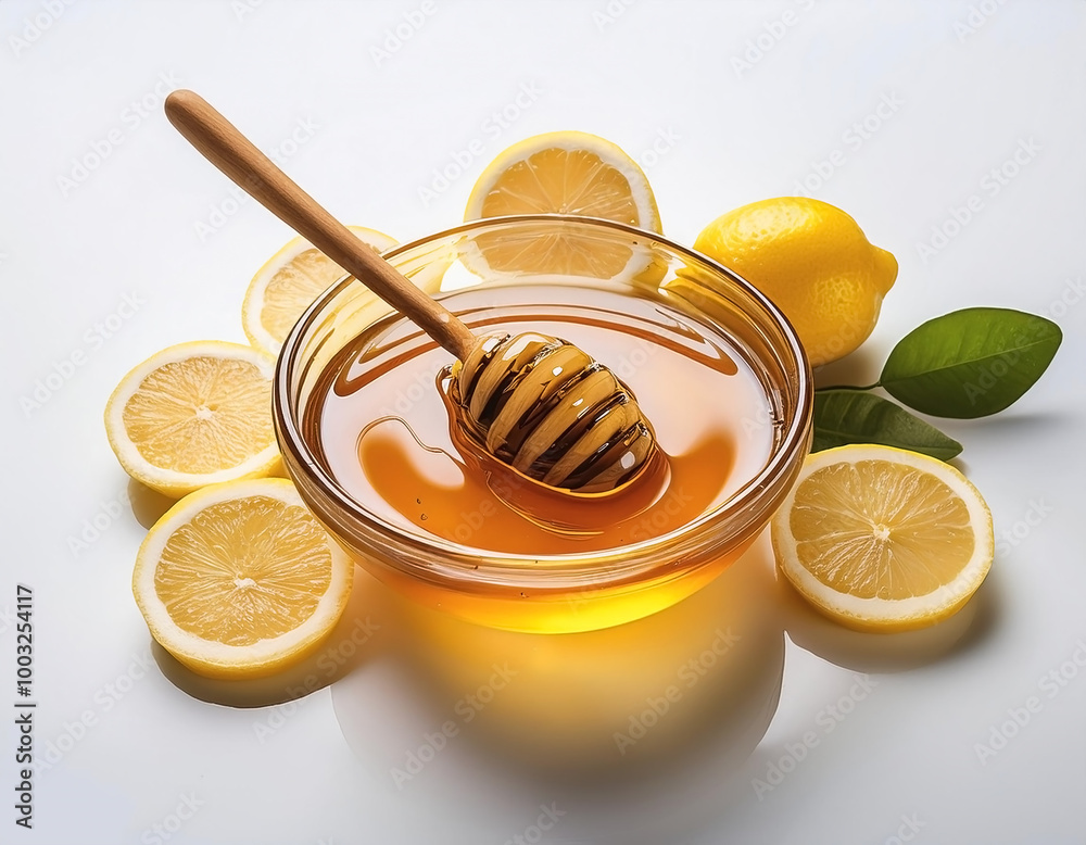 Natural honey in a glass bowl, surrounded by lemon slices, on a white background Natural honey in a glass bowl, surrounded by lemon slices, on a white background
