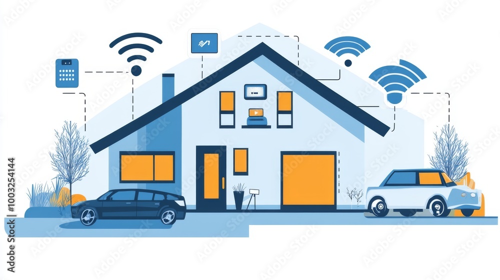 Illustration showing a smart home with connected devices and smart cars, highlighting the integration of technology in modern living environments. Illustration showing a smart home with connected devices and smart cars, highlighting the integration of technology in modern living environments.