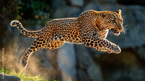 A leopard is leaping through the air. Concept of freedom and agility, as the leopard soars