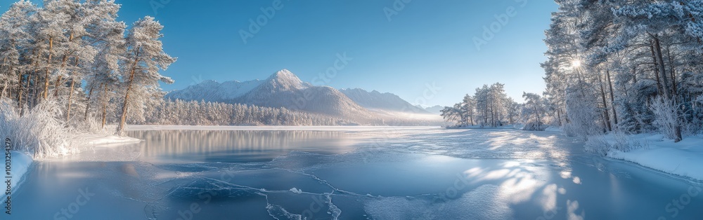 Pristine Frozen Lake with Snow-Covered Pines and Clear Winter Skies Pristine Frozen Lake with Snow-Covered Pines and Clear Winter Skies