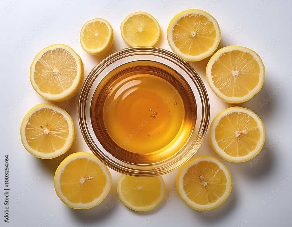 Natural honey in a glass bowl, surrounded by lemon slices, on a white background Natural honey in a glass bowl, surrounded by lemon slices, on a white background