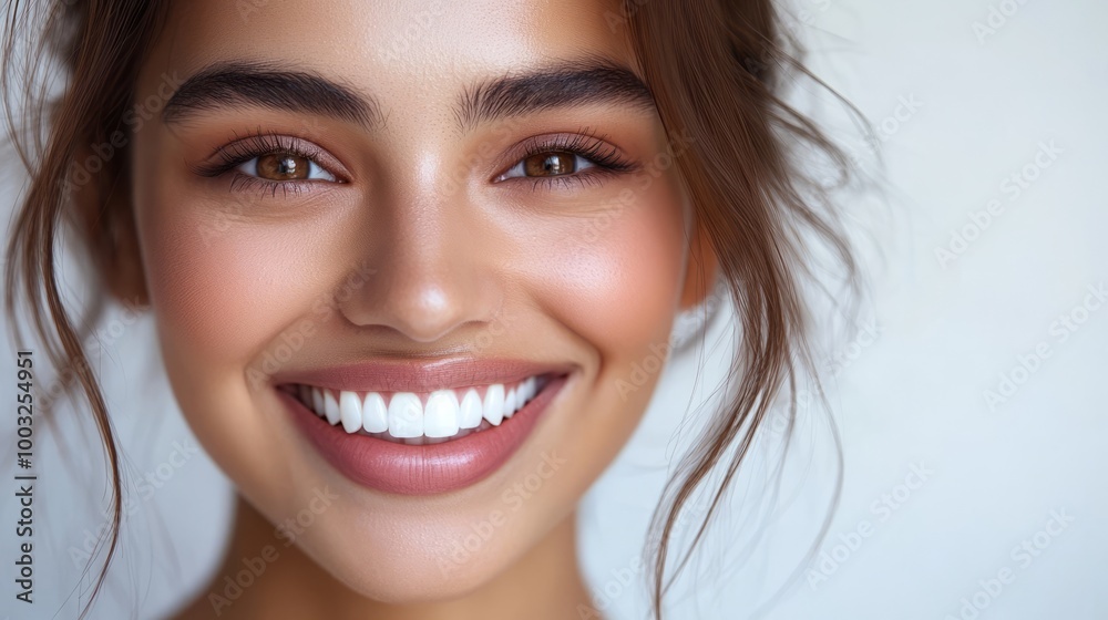 a closeup photo portrait of a beautiful young asian indian model woman smiling with clean teeth. used for a dental ad. isolated on white background. Generative AI a closeup photo portrait of a beautiful young asian indian model woman smiling with clean teeth. used for a dental ad. isolated on white background. Generative AI