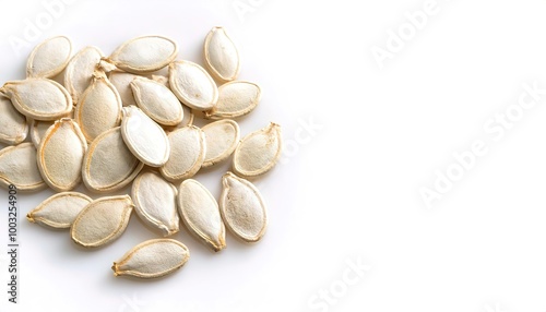 pumpkin seed or pepita are edible and typically flat and oval with one axis of symmetry, have a white outer husk, and are light green after the husk is removed. Isolated on white background