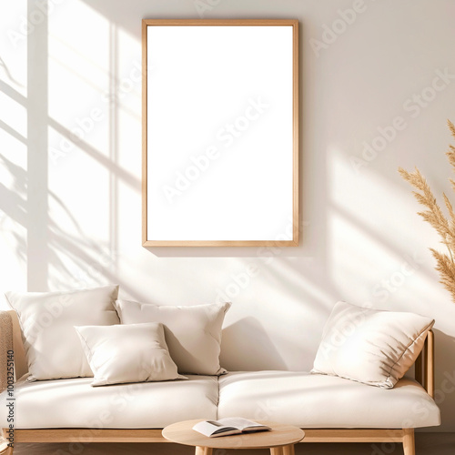 Vertical Transparent Frame Mockup in Sunlit Minimalist Living Room - Neutral Interior Wall Art Display