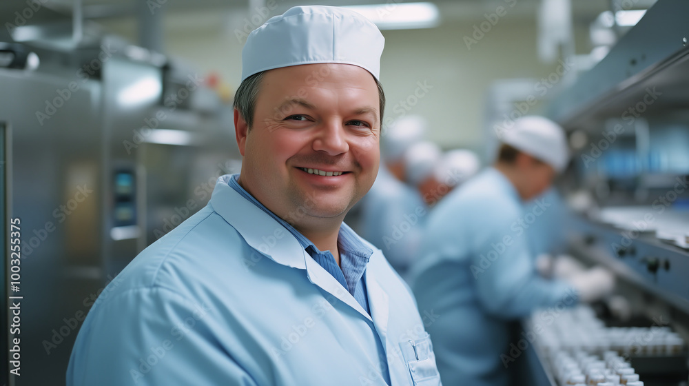en smiling, employees of the production of dietary supplements, a line for the packaging of vitamins and dietary supplements, en smiling, employees of the production of dietary supplements, a line for the packaging of vitamins and dietary supplements,