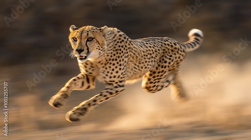A cheetah running at full speed. Four legs together in the middle.