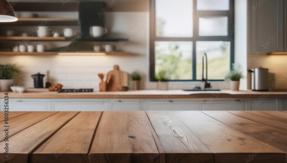 Wooden table top on blur kitchen room background. Generated image Wooden table top on blur kitchen room background. Generated image