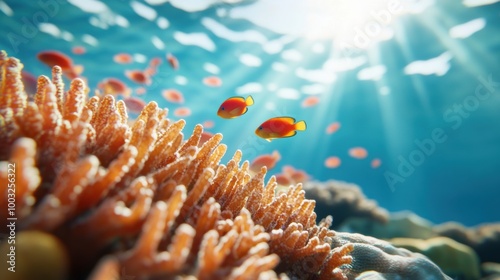 Two fish swim in the ocean near a coral reef, AI photo