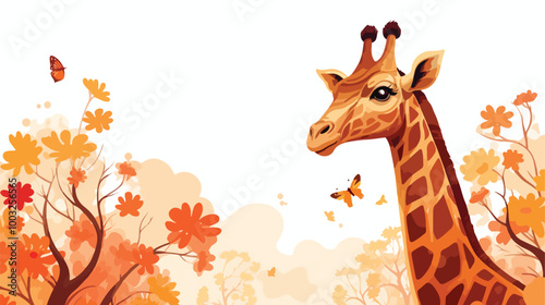 Majestic Giraffe with Vibrant Tree Leaves and Flower Background in Cartoon Style
