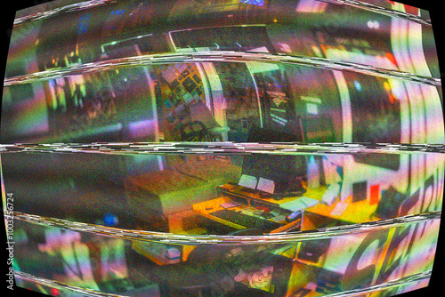 Fotografie A colorful retro CRT screen displaying distorted surveillance footage, creating