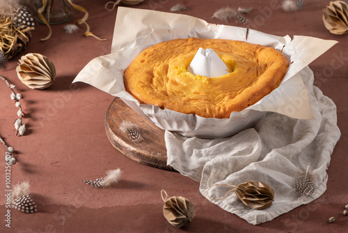 Pao de Lo de Alfeizerao. The traditional Portuguese sponge cake wrapped in the typical paper used on the baking. photo