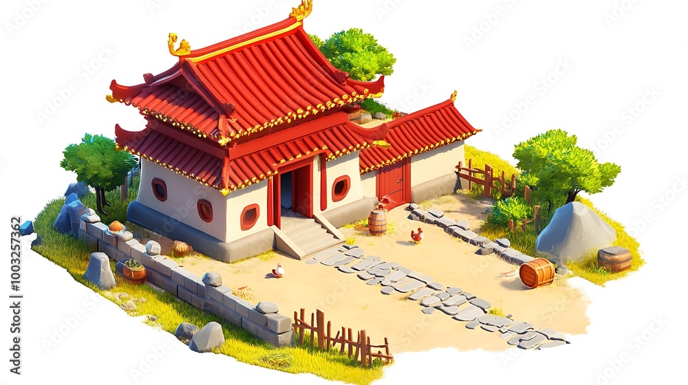 Obraz premium Chinese Traditional Building Illustration, Pagoda House with Red Roof and Stone Path
