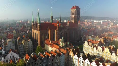 Drone view of the old town during fog. Gdansk, Poland. The concept of travel in Europe