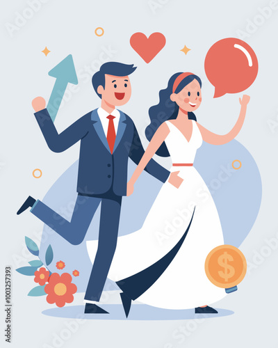 A newly married couple navigates the process of refinancing their joint loans excited to take advantage of lower interest rates and start their life together on solid financial. Vector illustration