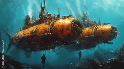 Futuristic submarines powered by steam engines steampunk style painting. digital art painting, fantasy art, wallpaper. Steampunk Invention. Illustration photo