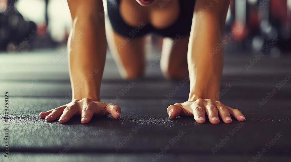 Close-up of a woman's hands on a yoga mat during a workout. Close-up of a woman's hands on a yoga mat during a workout.