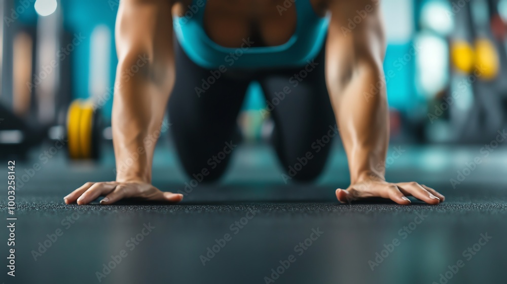 Fototapeta premium Close up of a woman's hands doing push ups at the gym.