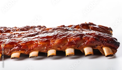 St. Louis southern USA American style barbecue barbeque bbq ribs with thin, vinegar based tangy sweet sauce, often pork ribs. grilled, smoked or baked. isolated on white background with copy space. photo