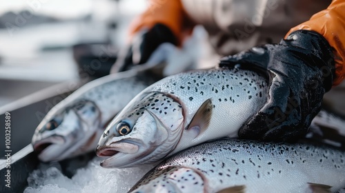 A collection of freshly caught fish displayed on a bed of ice, their silvery skins gleaming under soft lighting, symbolizing abundance and a successful fishing adventure. photo