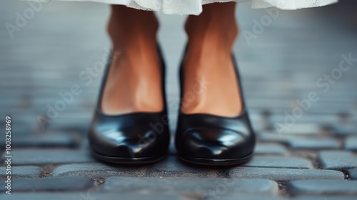 A pair of sleek black heels gracefully positioned on a paved street, exuding elegance and class. The shoes' design is a testament to modern fashion aesthetics. photo