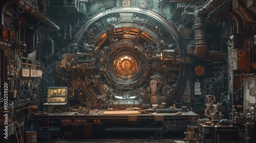 A complex metallic device filled with detailed mechanisms and encircled by an array of tools and schematics in a crafting space.