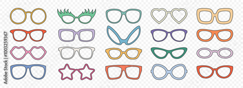 Vector Flat Frame Glasses Icon Set. Sunglasses, Vintage Eyeglasses, Lenses. Optics and Eyewear Design Template. Vector Illustration. Flat Vector Design for Eyewear and Optics