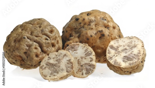 White truffle cross section isolated on white background. Culinary eating. truffle is the fruiting body of a subterranean ascomycete fungus, one of the species of the genus Tuber. Isolated on white