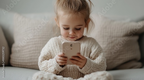 A young child, comfortably nestled amidst soft cushions, intently focuses on a smartphone, conveying innocence, comfort, and the tenderness of modern connectivity.