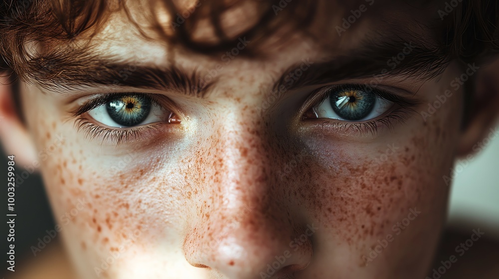 Close-up of a young man's face with freckles and piercing blue eyes. Close-up of a young man's face with freckles and piercing blue eyes.