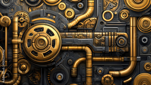 Intricate golden gears and tubes create a mesmerizing steampunk design. Steampunk Invention. Illustration