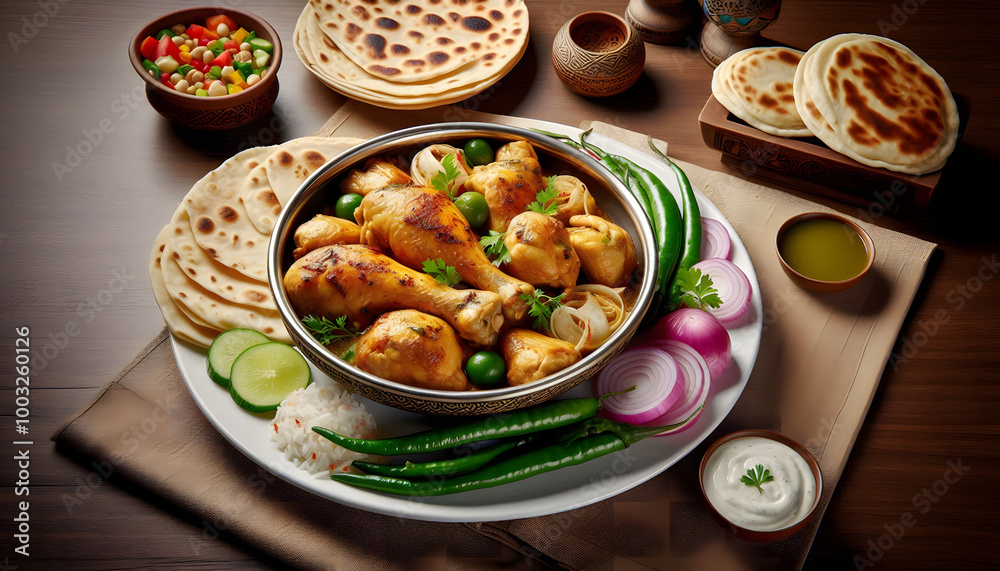 Pakistani chicken salan with naan and other side dishes Pakistani chicken salan with naan and other side dishes