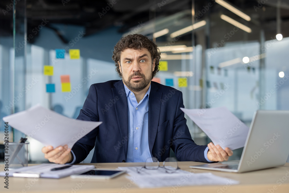 Confused mature financier looking at paperwork in office after receiving bad report while working on laptop Confused mature financier looking at paperwork in office after receiving bad report while working on laptop