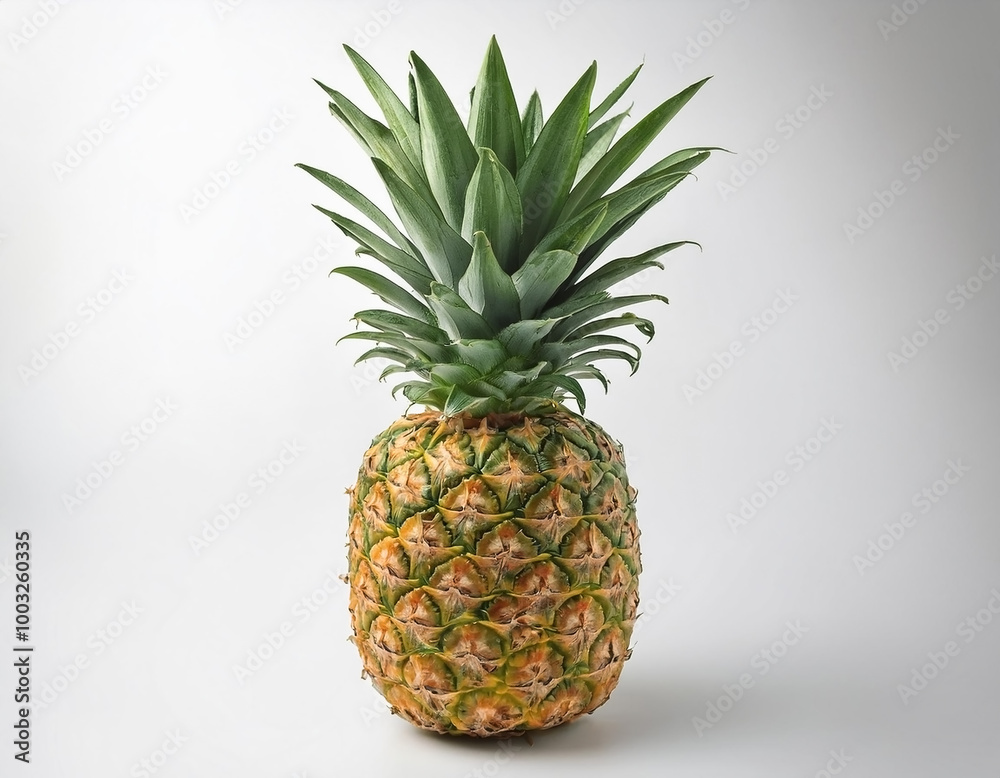 One whole pineapple with green leaves, stands out against the pure white background One whole pineapple with green leaves, stands out against the pure white background