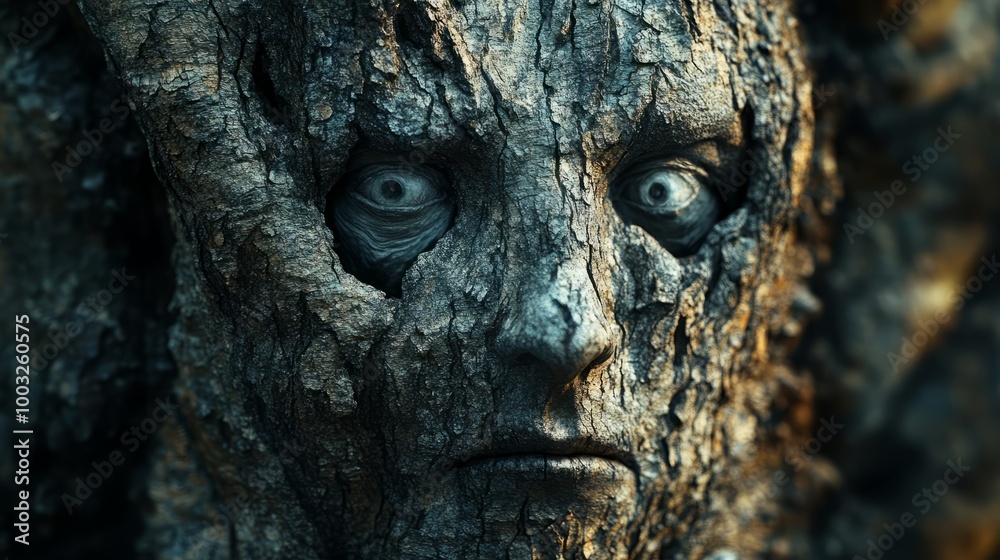 A chilling close-up of a gnarled tree, where sinister shadows unveil ghostly faces nestled in its bark. A chilling close-up of a gnarled tree, where sinister shadows unveil ghostly faces nestled in its bark.